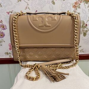 Tory Burch Beige Quilted Shoulder Bag with Gold Chain